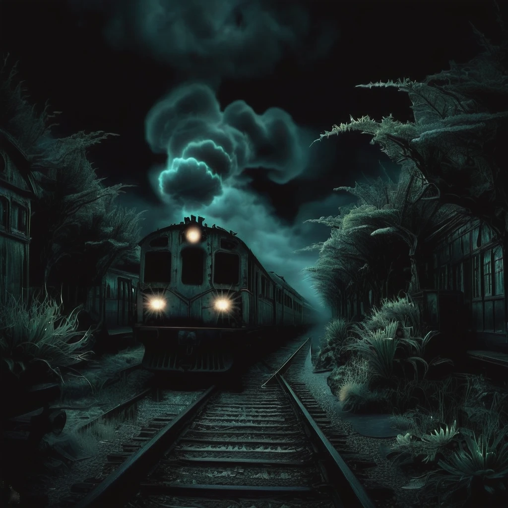 dark, eerie,Train Stations, Composite Materials,Gneiss, Glow-in-the-Dark Plants, Gobo Lighting, detailed, <lora:DonMn1ghtm4reXL:0.8>