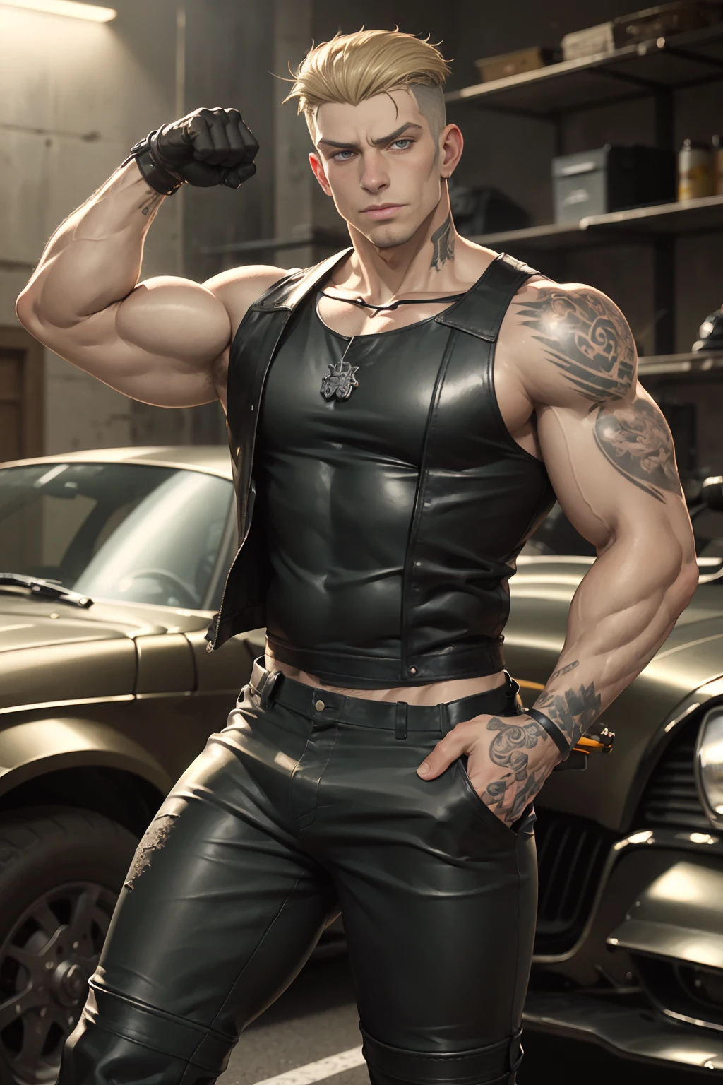 there is a man sitting on a motorcycle with a cigarette in his mouth, tom of finland style, sexy masculine, super buff and cool, no shirt under the vest, (sfw) safe for work, strong and imposing, huge glistening muscles, very beautiful. big muscles, inspired by Hedi Xandt, heroic masculine pose, hypermasculine, Young cocky officer wearing a dog collar & handcuffed, shiny silver shirt, tight shirt, hairy chest, big pecs, shiny black pant, beard and moustache