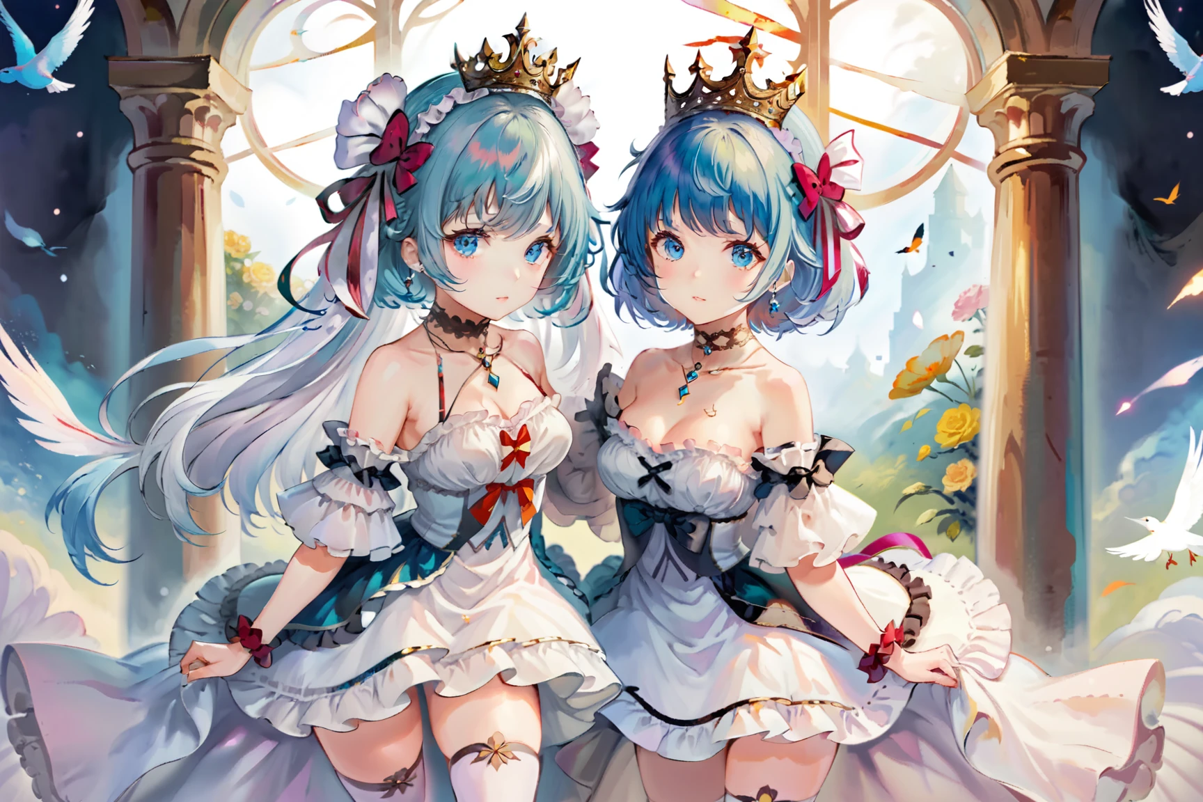 ultra-detailed,(best quality),((masterpiece)),(highres),original,extremely detailed 8K wallpaper,(an extremely delicate and beautiful),((detailed face)),beautiful detail eyes,
anime,momoko,suga,
1girl, solo, crown, bird, dress, flower, jewelry, detached sleeves, blue eyes, thighhighs, bare shoulders, necklace, white dress, blue hair, white thighhighs, bangs, frills, ribbon, small breasts, breasts, closed mouth, hair ribbon, looking at viewer
<lora:moriti_xl:0.7>
