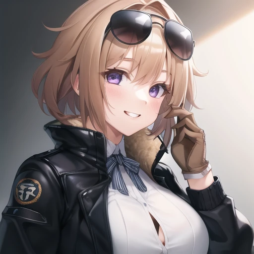 (masterpiece, best quality:1.2),illustration,8k,hd,1girl,solo,smile,upper body,(portrait:1.2),breasts,denim short shorts,jacket,large breasts,brown hair,purple eyes,short hair,eyewear on head,gloves,sunglasses,bangs,shirt,bra,belt,navel,long sleeves,white shirt,thighhighs,brown gloves,black thighhighs,<lora:Grizzly Mkv-V1:0.7>,