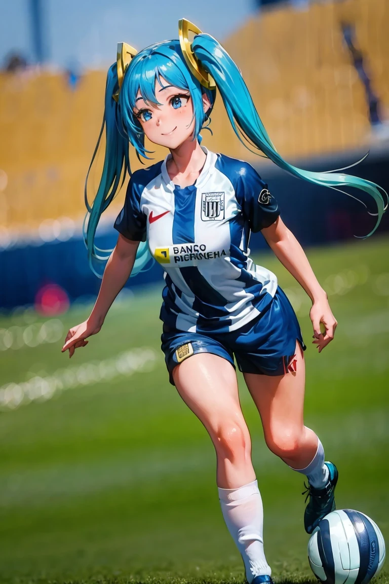 (extremely detailed CG unity 8k wallpaper), (best quality), (ultra-detailed), (best illustration), 1girl, detailed soccer stadium, outdoors, beautiful sunlight, soccer uniform, shorts, socks, soccer, (striped uniform), green field, solo focus, smiling, collarbone, <lora:SonaV1:0.6>, sona \(league of legends\), long hair, blue hair, blue eyes, gradient hair, twintails, hair ornament, <lyco:alianzalima-10:0.8>, (long hair, long twintails)
