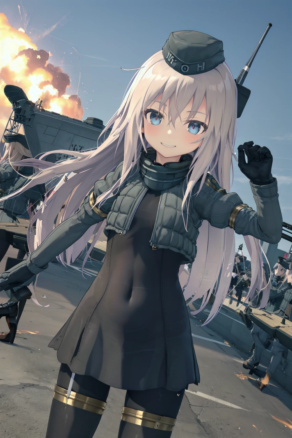 3dcg, combat field, sky, explosion,
standing, evil smile,
u-511 \(pump\), military uniform, garrison cap, cropped jacket, puffy sleeves, long sleeves, gloves, black_dress, black pantyhose, high heels,
<lora:kancolle-u500(pump)-000050:0.7>