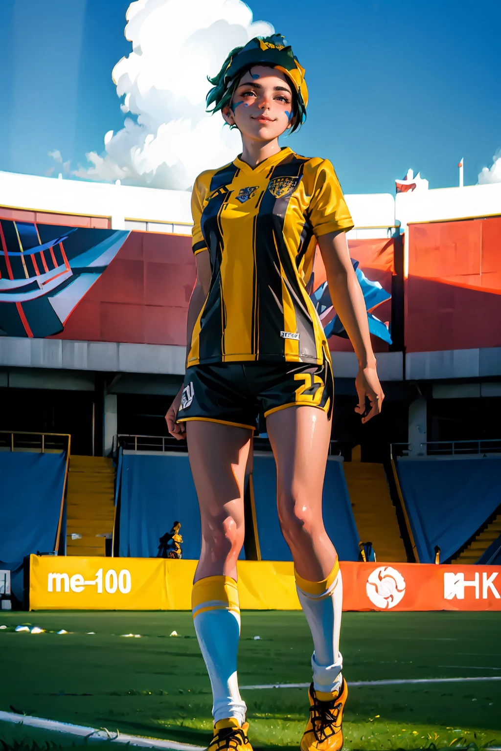 (extremely detailed CG unity 8k wallpaper), (best quality), (ultra-detailed), (best illustration), 1girl, detailed soccer stadium, outdoors, beautiful sunlight, soccer uniform, shorts, socks, soccer, green field, smiling, <lora:kriko:1>, facial mark, <lyco:strongestclub-10:0.8>, strongestclub