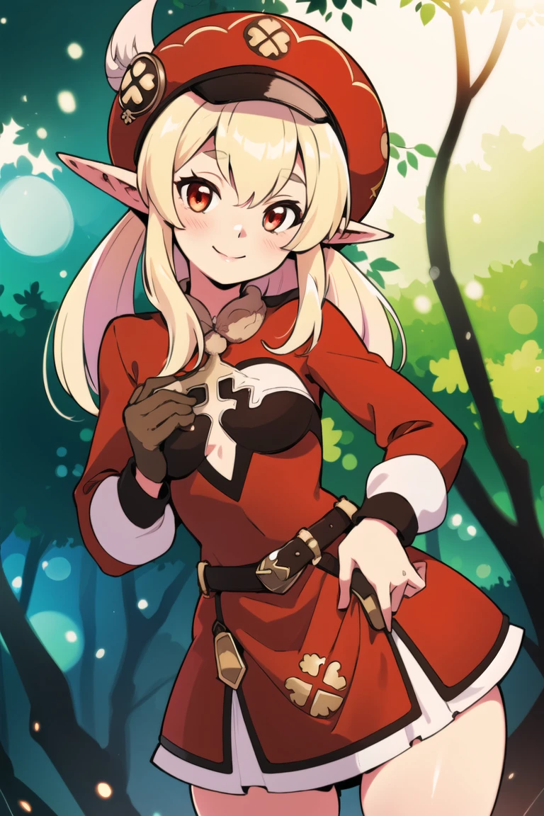 centered, award winning photo, (looking at viewer:1.2), | smile,  Adult_Klee_Genshin, red hat, blonde, pointy ears, elf, red skirt, |forest, | dynamic pose, bokeh, depth of field, cinematic composition, | <lora:Adult_Klee_Genshin:0.8>