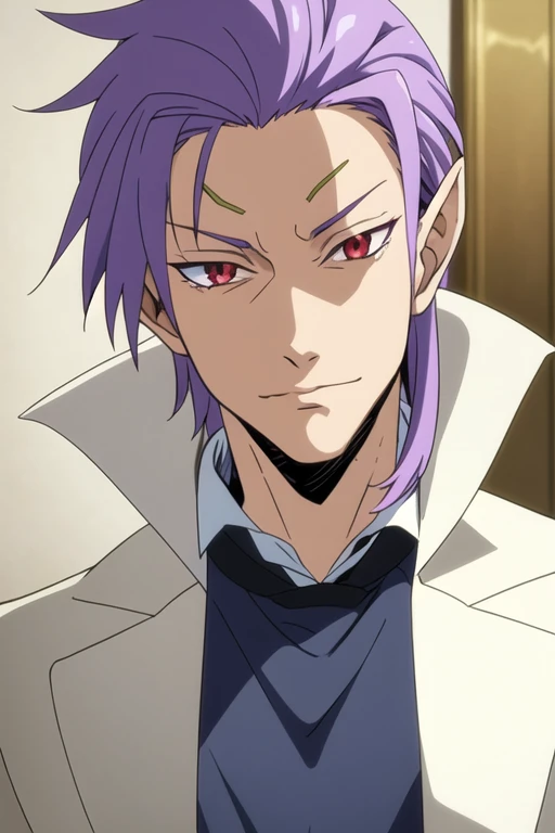 masterpiece, best quality, wallpaper, 1boy, solo, male focus, looking at viewer, , , <lora:clayman_tensei_shitara:0.70>, clayman_tensei_shitara, red eyes, purple hair
