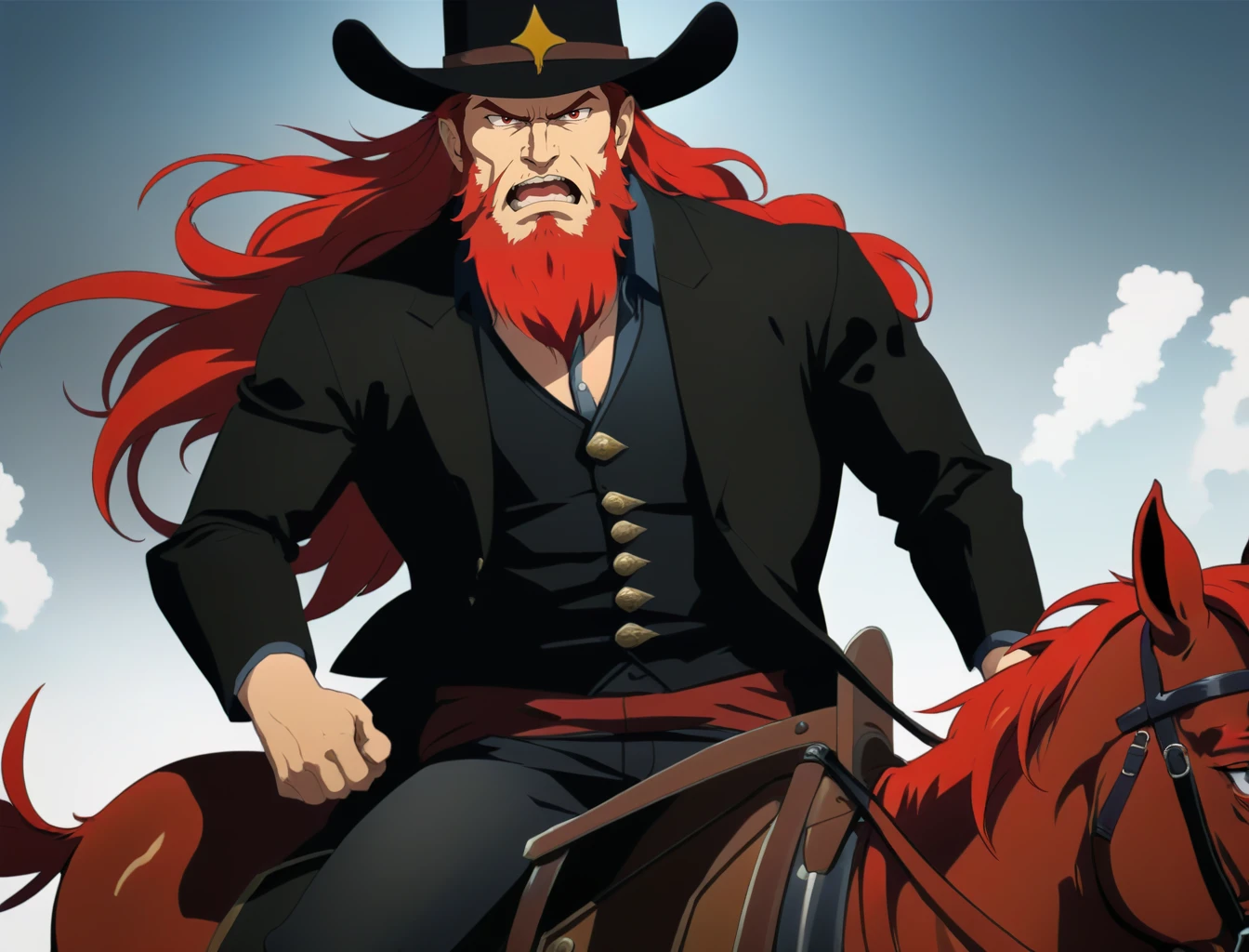 1boy, cowboy, riding horse, angry, anime, long beard, red hair, aged up, cowboy hat, masterpiece, best quality,