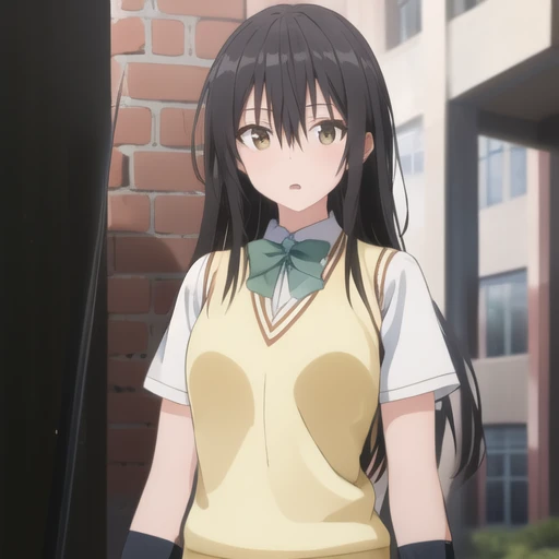 (masterpiece, best quality:1.2),illustration,8k,hd,1girl,solo,upper body,black hair,brown eyes,long hair,bangs,hair between eyes,school uniform,bow,breasts,sweater vest,green skirt,socks,kneehighs,short sleeves,plaid skirt,pleated skirt,<lora:Kotegawa-V1:0.8>,