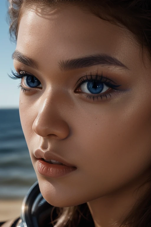 close up photography, blue eye, dramatic and stunning award winning photo, dramatic linear delicacy, high dynamic range, Zendaya in Dune, High Detail, cinematic, natural lightin