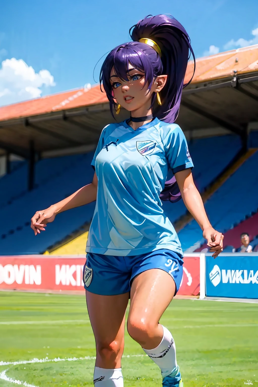 (extremely detailed CG unity 8k wallpaper), (best quality), (ultra-detailed), (best illustration), 1girl, detailed soccer stadium, outdoors, beautiful sunlight, soccer uniform, shorts, socks, soccer, green field, smiling, (wide hips, large breasts), high ponytail, blue eyes, <lyco:bolivar-10:0.8>, bolivar, <lora:shantae-nvwls-v1:0.8>, shantae, tiara, choker, hoop earrings, o-ring bandeau, (purple hair)