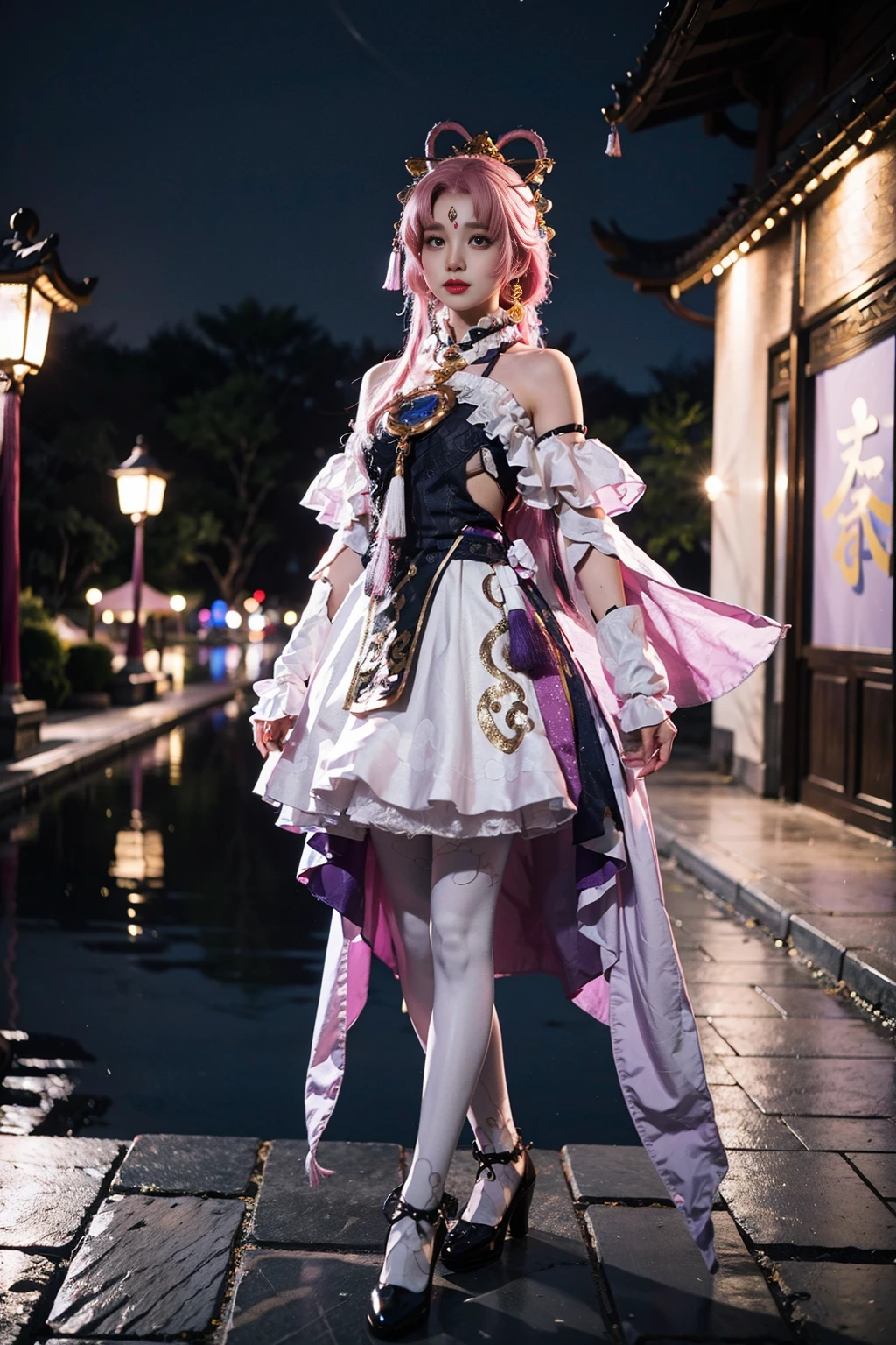best quality, masterpiece, realistic, photorealistic, 1girl, solo, full body, looking at viewer, fuxuan cosplay costume, cosplay, hair ornament, forehead mark, pantyhose, footwear, arms at side, (night:1.2), detailed background, chinese garden, <lora:fuxuan_cosplay_costume_v1:0.65>