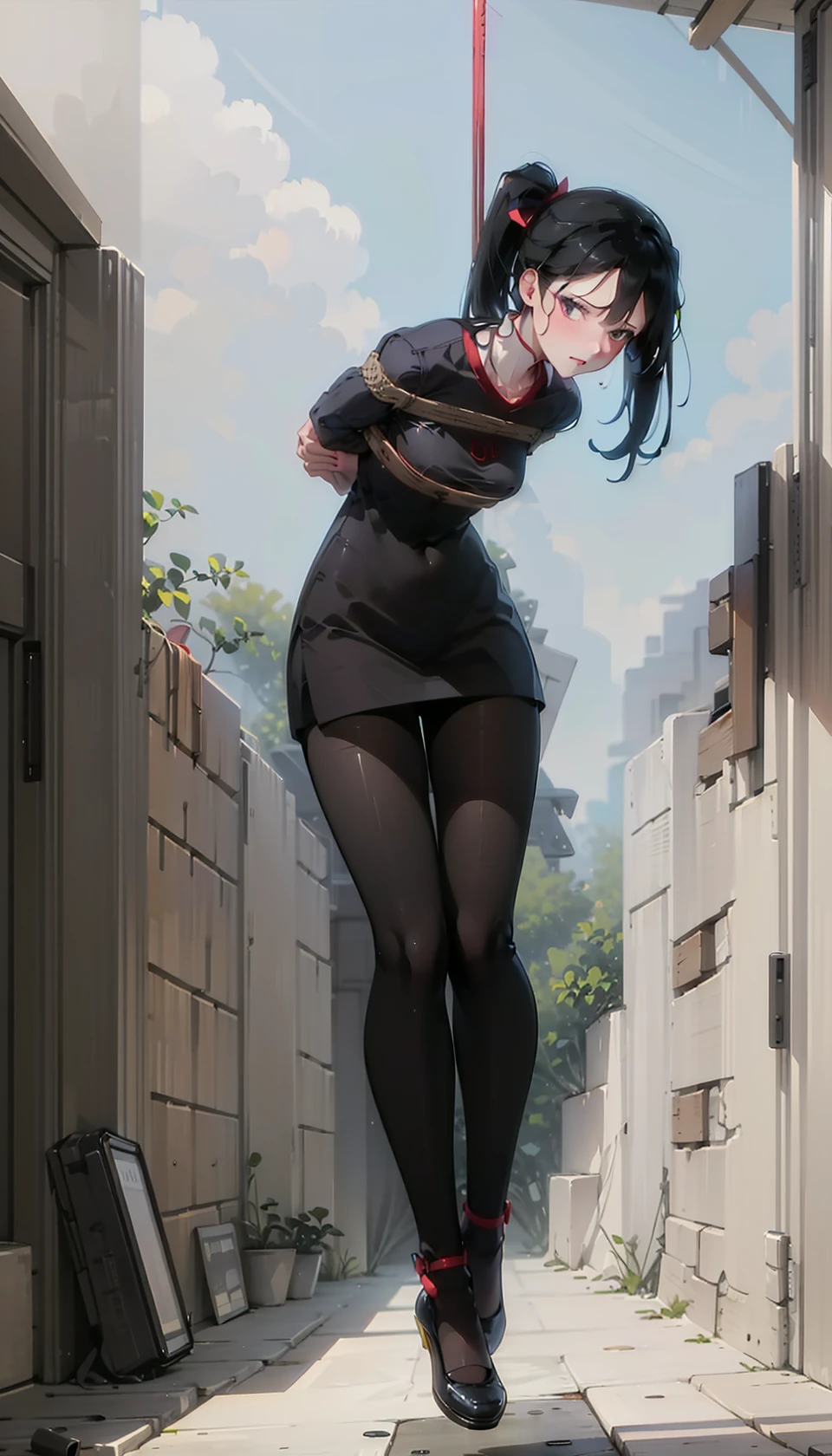 ((((ultra illustrated style:1.0)))),best quality,best animated,masterpiece,ray tracing, global illumination,suspension,1girl, solo,outdoors,full body, arms behind back, looking at viewer,feet off the ground,high heels, <lora:suspension_02:1>