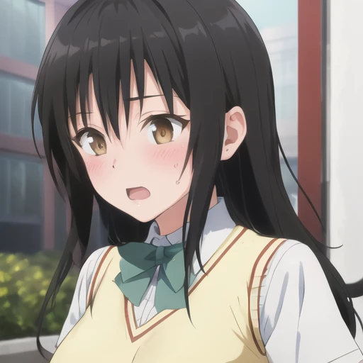 (masterpiece, best quality:1.2),illustration,8k,hd,1girl,solo,upper body,(portrait:1.2),blush,open mouth,shy,black hair,brown eyes,long hair,bangs,hair between eyes,school uniform,bow,breasts,sweater vest,green skirt,socks,kneehighs,short sleeves,plaid skirt,pleated skirt,<lora:Kotegawa-V1:0.8>,
