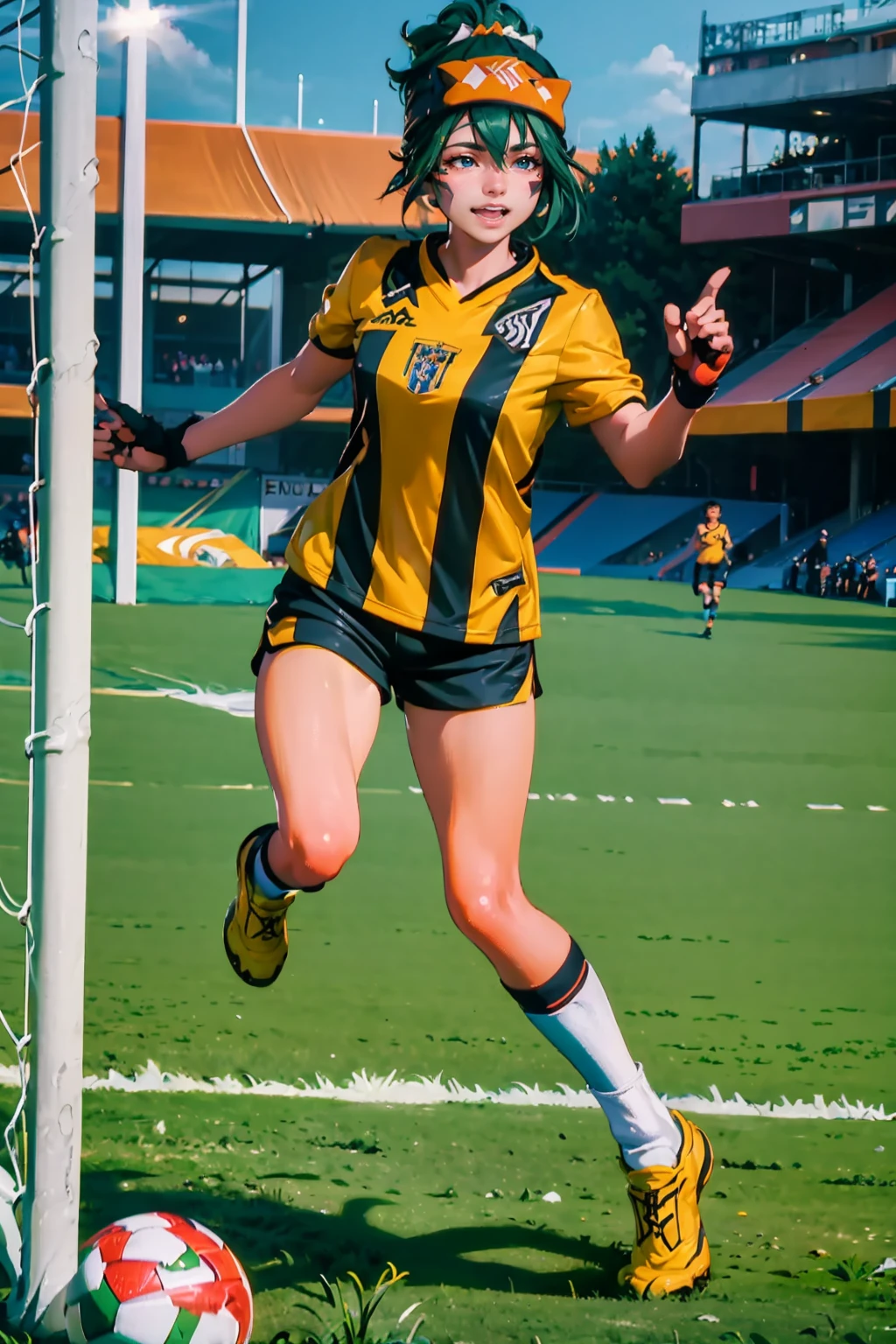 (extremely detailed CG unity 8k wallpaper), (best quality), (ultra-detailed), (best illustration), 1girl, detailed soccer stadium, outdoors, beautiful sunlight, soccer uniform, shorts, socks, soccer, green field, smiling, <lora:kriko:1>, facial mark, <lyco:strongestclub-10:0.8>, strongestclub