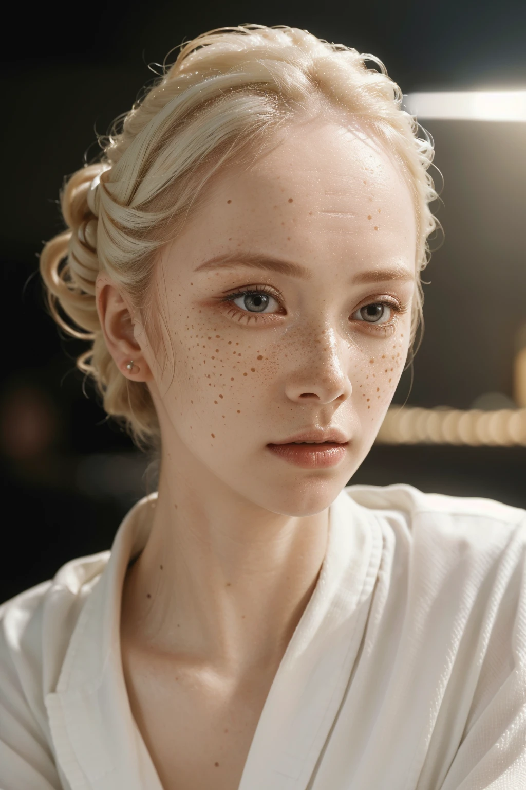 (extreme closeup:1.3) portrait albino woman upsweep updo button shirt large freckles at a cantina sitting bar (masterpiece:1.5) (photorealistic:1.1) (bokeh) (best quality) (detailed skin texture pores hairs:1.1) (intricate) (8k) (HDR) (wallpaper) (cinematic lighting) (sharp focus)