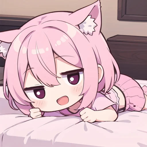 (masterpiece:1.2,high quality),8K,High resolution,A -year-girl,e girl,Hinata Hoshino,Orange red hair,short hair,Unilateral side ponytail,cat ears,(light red eyes),laughing,fang out,open mouth,heart ahoge,lying on the bed,White shirt,Blue and white striped panties,white stockings:1.6,Primary scho,((Hand in own pantie,hand in panties,One hand in the panties))