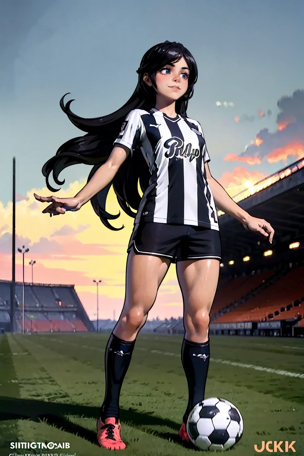 (extremely detailed CG unity 8k wallpaper), (best quality), (ultra-detailed), (best illustration), 1girl, detailed soccer stadium, outdoors, beautiful sunlight, soccer uniform, shorts, socks, soccer,  green field, smiling,  <lora:Filia:0.5>, filia, clublibertad, long hair, black hair, <lyco:clublibertad-10:0.8>, prehensile hair