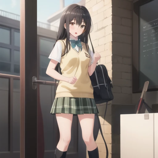 (masterpiece, best quality:1.2),illustration,8k,hd,1girl,solo,standing,black hair,brown eyes,long hair,bangs,hair between eyes,school uniform,bow,breasts,sweater vest,green skirt,socks,kneehighs,short sleeves,plaid skirt,pleated skirt,<lora:Kotegawa-V1:0.6>,