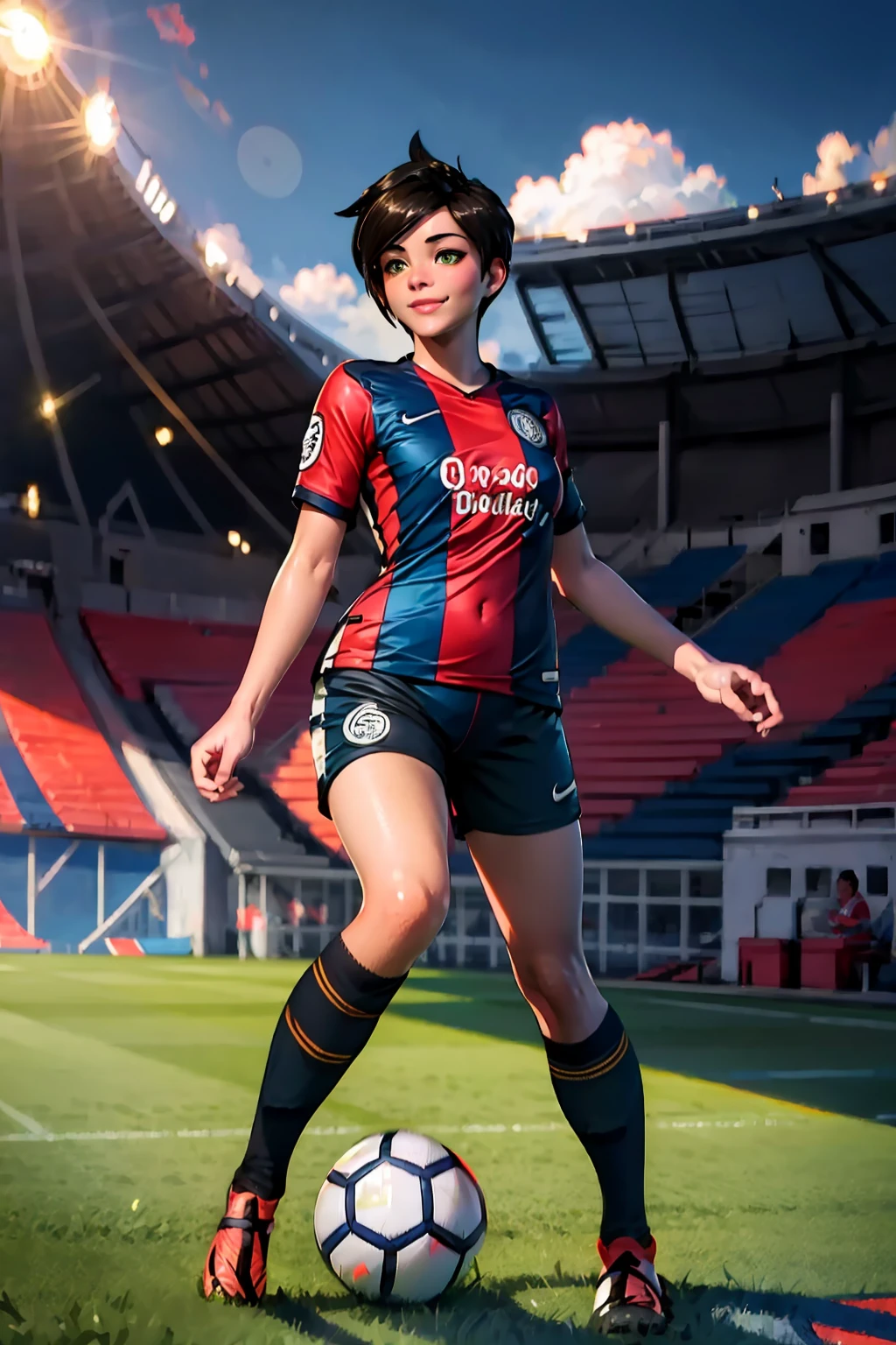 (extremely detailed CG unity 8k wallpaper), (best quality), (ultra-detailed), (best illustration), 1girl, detailed soccer stadium, outdoors, beautiful sunlight, soccer uniform, shorts, socks, soccer,  green field, smiling <lyco:sanlorenzo-10:0.8>,  <lora:tracerLast:0.4>, tracer