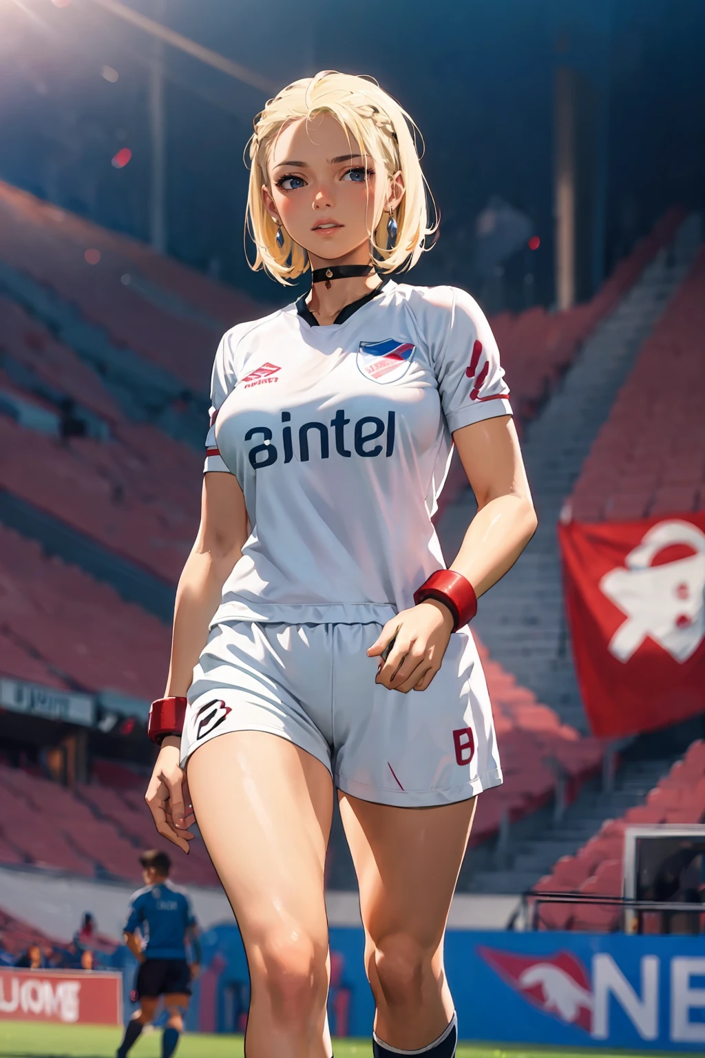(extremely detailed CG unity 8k wallpaper), (best quality), (ultra-detailed), (best illustration), 1girl, detailed soccer stadium, outdoors, beautiful sunlight, soccer uniform, shorts, socks, soccer, green field, smiling, (wide hips, large breasts), blue eyes, blonde hair, short hair, black choker, <lyco:uruguaynac-10:0.8>, uruguaynac <lora:Cammy white:0.4>, Cammy white, Cammy from street fighter 6, ((1girl)), blonde hair, forehead