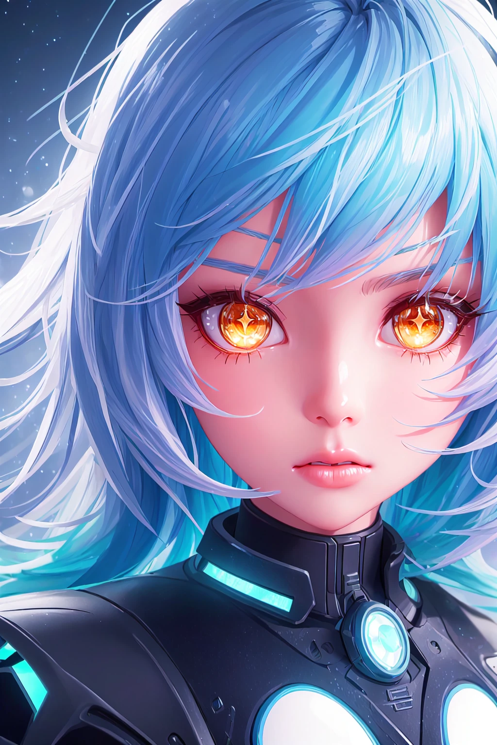 white hair, blue hair, orange hair, gradient hair, orange eyes, close-up, looking at viewer, cyberpunk background, robotic, hair flowing over, volumetric lighting, light particles, sparkling eyes, dystopian, colorful