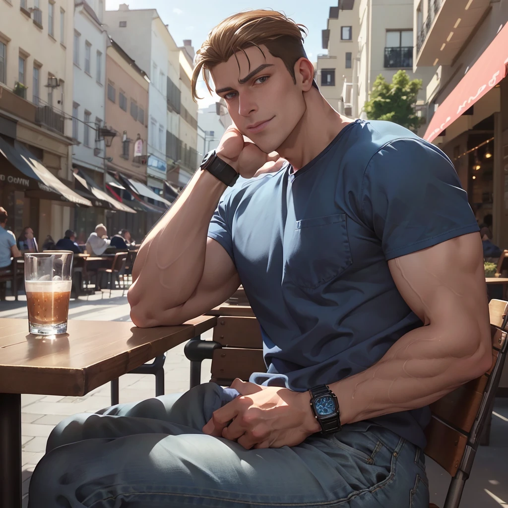 porco_galliard, blue shirt, jeans, sitting at a caf, wrist watch,  arrogant smile, outdoors, sunlight, realistic <lora:porco_galliard:0.77>