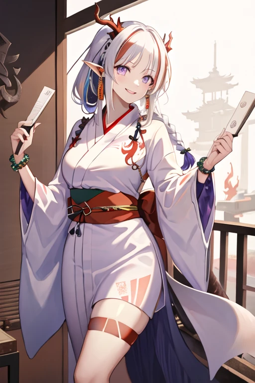 best quality, masterpiece, highres, solo, {yukata:1.40}, {kimono:1.20}, {nian_arknights:1.15}, horns, pointy_ears, white_hair, multicolored_hair, purple_eyes, red_hair, jewelry, streaked_hair, long_hair, bangs, breasts, smile, braid, dragon_horns, bracelet, tail, colored_skin, beads, bead_bracelet, red_skin, medium_breasts
