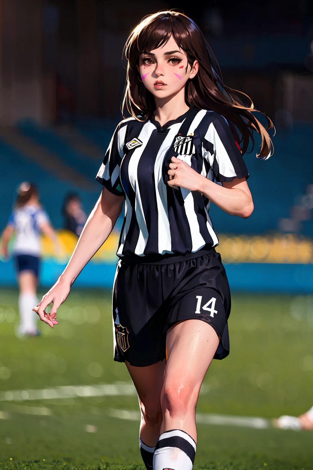 (extremely detailed CG unity 8k wallpaper), (best quality), (ultra-detailed), (best illustration), 1girl, detailed soccer stadium, outdoors, beautiful sunlight, soccer uniform, shorts, socks, soccer, (striped uniform),  green field <lora:D.vaV3:0.55>, deeva \(overwatch 1 version\), d.va /(overwatch 1/), medium breasts,  <lyco:santosfc-10:0.85>, santosfc, black stripes, white stripes, long hair, solo, brown hair, brown eyes, face marking