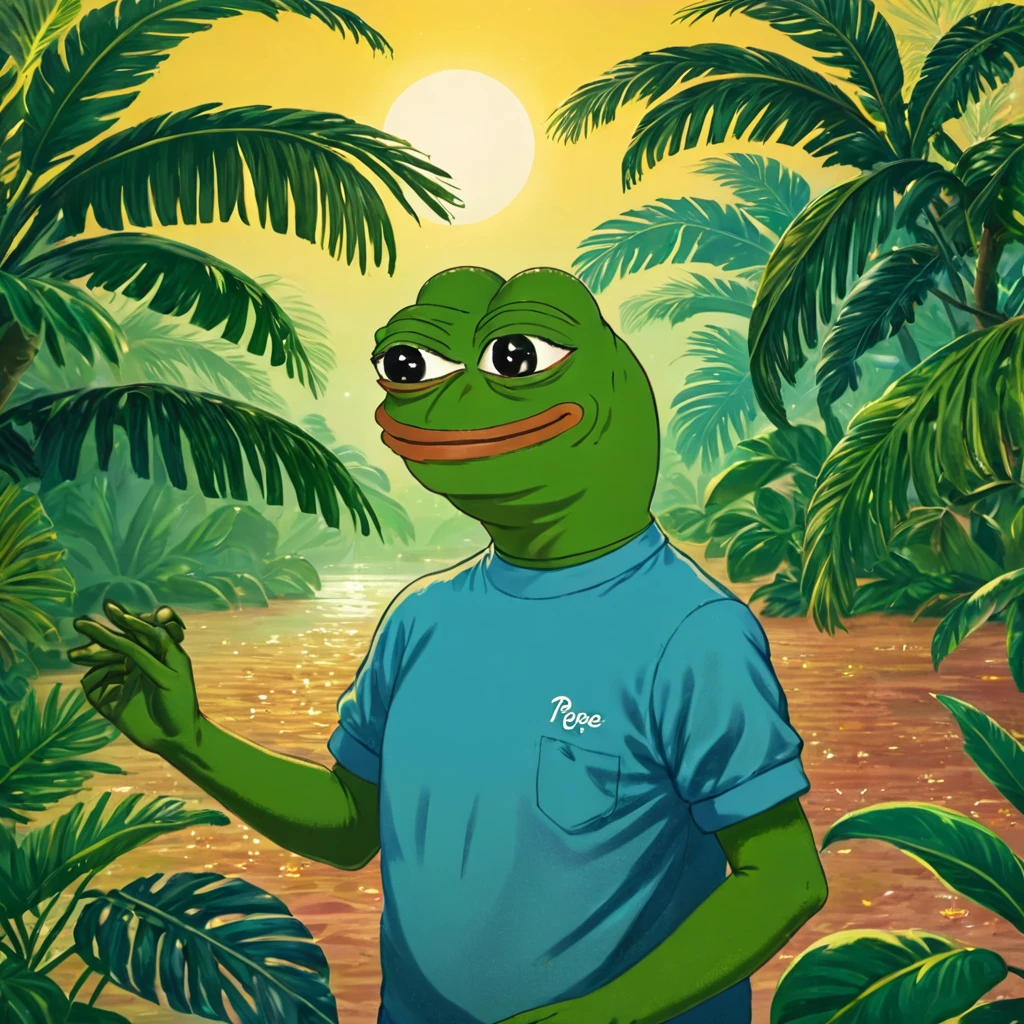 A tropical environment with a party atmosphere and a lot of wealth, (((pepe_frog))), 1 boy <lora:pepe_frog SDXL:1.2>