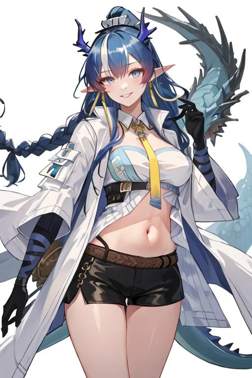 best quality, masterpiece, highres, solo, {ling_arknights:1.15}, blue_hair, horns, long_hair, dragon_horns, pointy_ears, very_long_hair, blue_eyes, breasts, jewelry, earrings, smile, necktie, braid, bangs, dragon_girl, yellow_necktie, multicolored_hair, large_breasts, tail, dragon_tail, parted_lips, 1girl, black_gloves, black_shorts, coat, gloves, holding, long_sleeves, looking_at_viewer, open_clothes, shirt, shorts, cowboy_shot, open_coat, short_shorts, white_coat, navel, white_shirt, wide_sleeves, staff, holding_staff