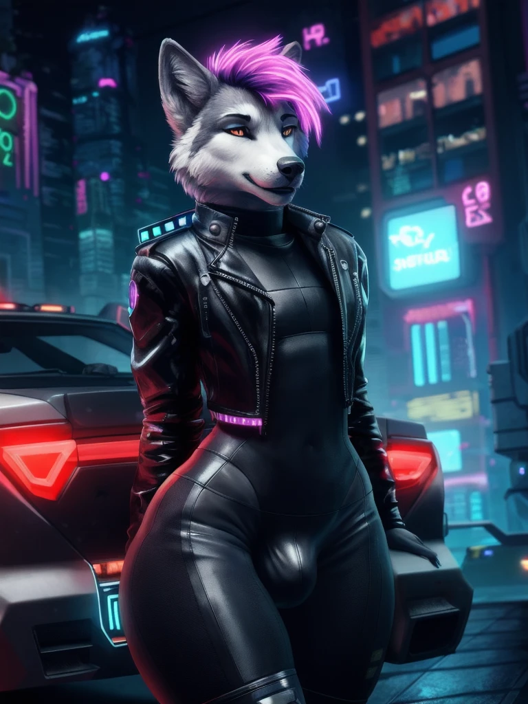 , 3D Photorealistic, Masterpiece realistic, best high quality, perfect details, RAW Photo, intricate details, nice lighting, 4K, detailed background, feminine, male, wolf, cyber, cyberpunk, dystopian, dynamic angle, sexy pose, narrow waist, (wide hips:1.4), big butt, (thick thigh:1.4), detailed leather jacket, neon bodysuit, high big boots, skyscrapers background, neon lights, bokeh, scifi car, glowing hairstyle, bulge, lips,