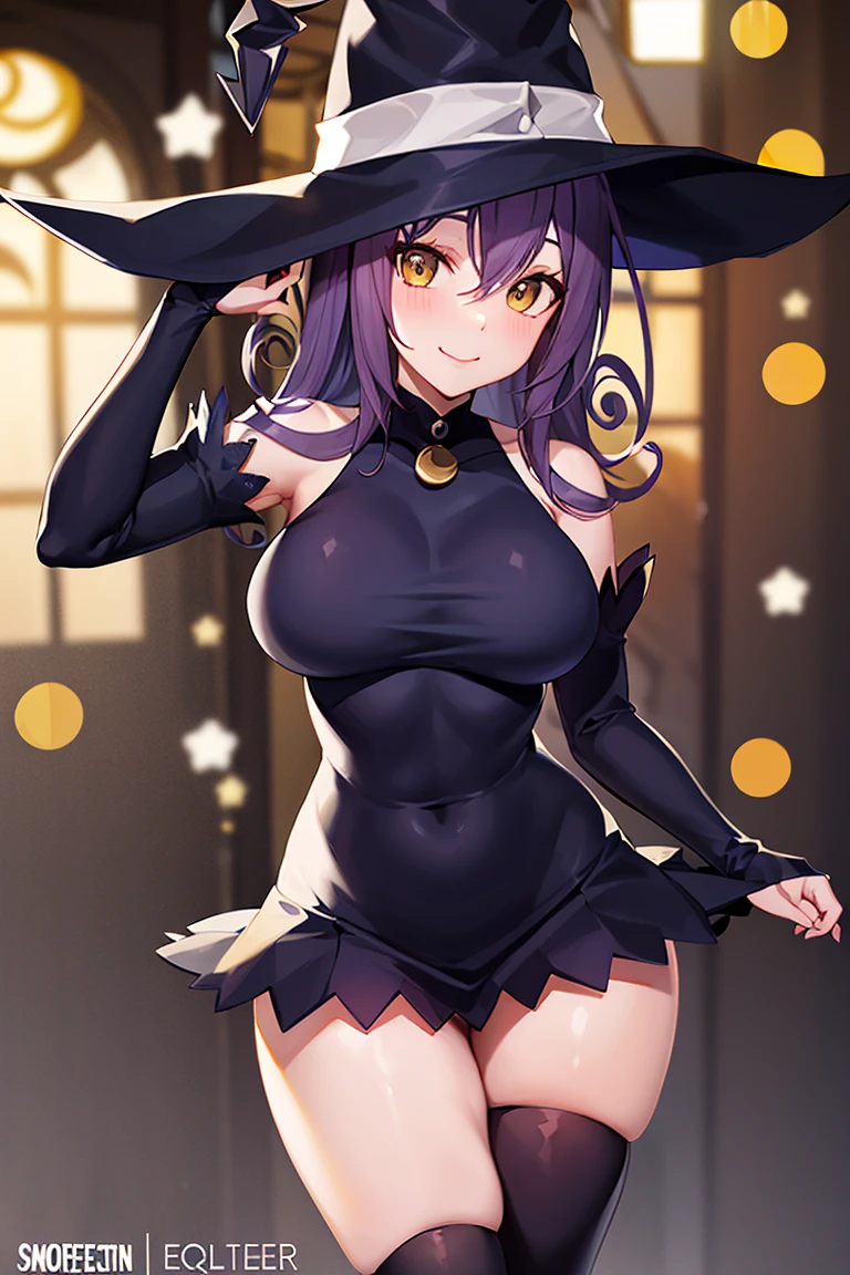 centered, award winning photo, (looking at viewer:1.2), | smile, Blair_Soul_Eater, curvy, witch hat, short skirt, thighhighs |dark magic, crescent moon, | dynamic pose, contrapposto, bokeh, depth of field, cinematic composition, | <lora:Blair_Soul_Eater:0.7>