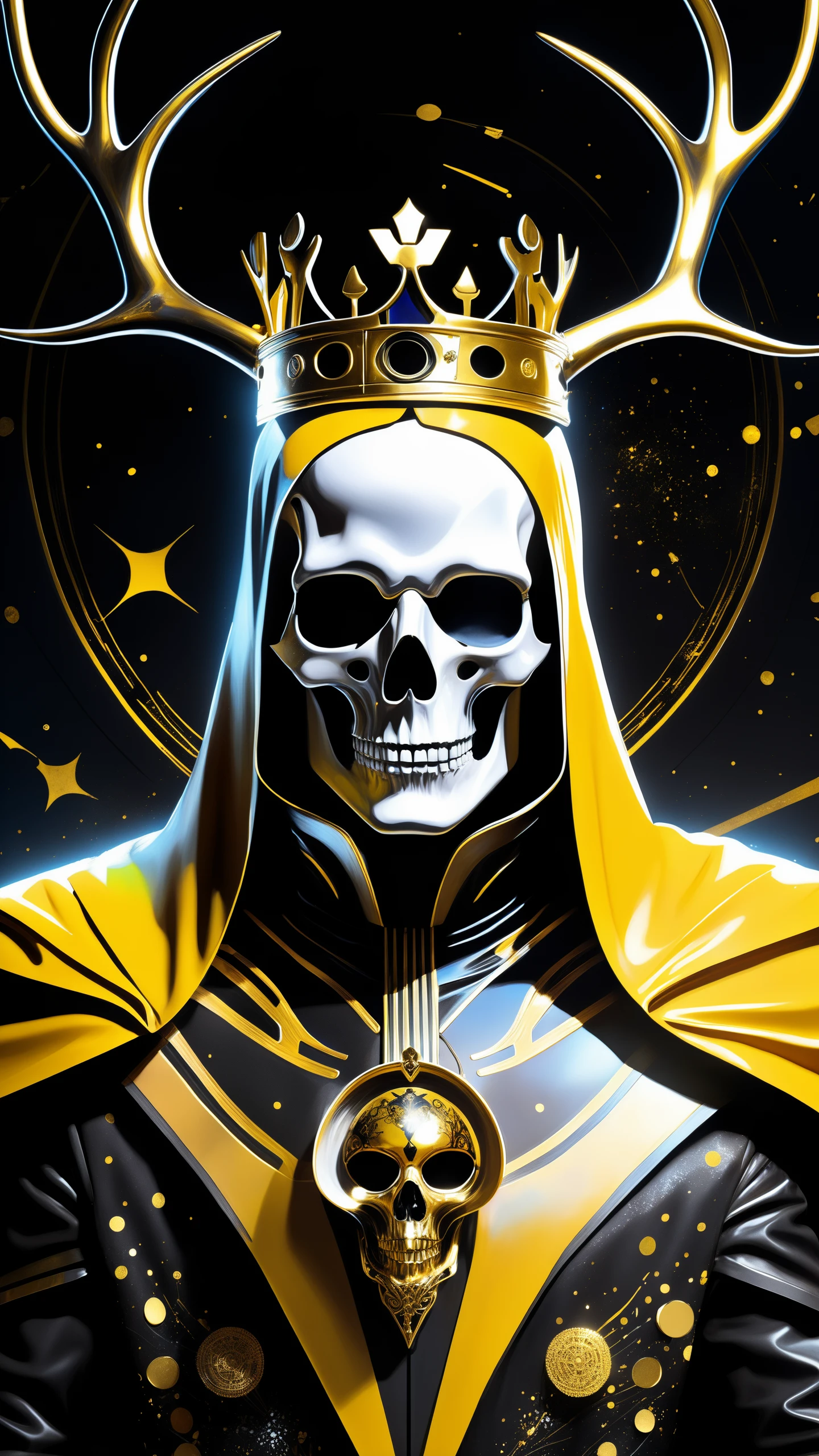 1man, good shape, a surreal paint splatter painting of the kinginyellow wearing a cloak and a mask, antlers, crown, cosmic background, gold and white and black color scheme, a bad woman in a futuristic suit with a ((skeleton head)) ((which disintegrates)), cybernetic, cyberpunk art, computer art, detailed eyes, (highly detailed skin:1.2), (realistic lighting:1.1), (realistic shadows:1.1), ((best quality)), (detailed), 8k uhd