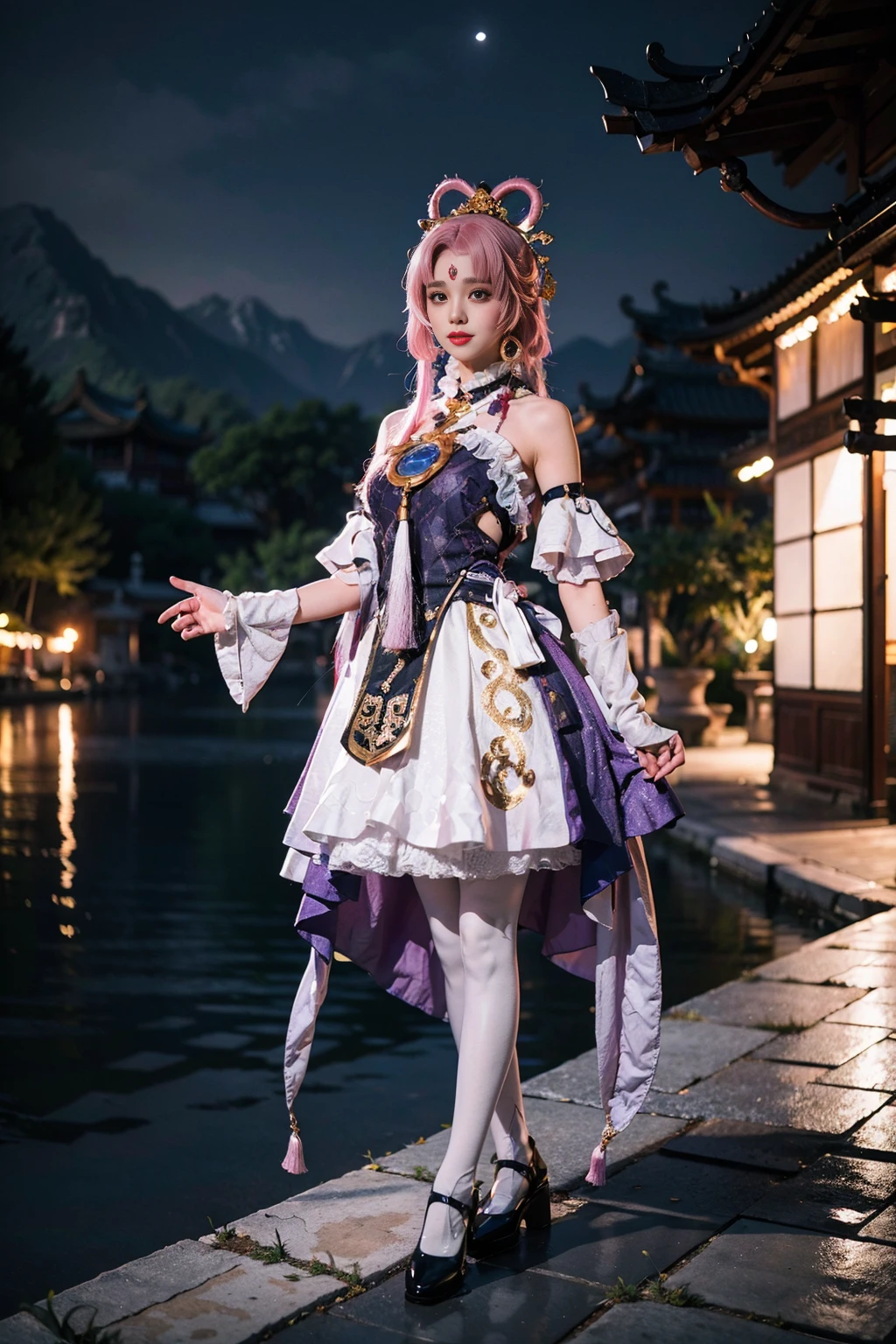 best quality, masterpiece, realistic, photorealistic, 1girl, solo, full body, looking at viewer, fuxuan cosplay costume, cosplay, hair ornament, forehead mark, pantyhose, footwear, arms at side, (night:1.2), detailed background, chinese garden, <lora:fuxuan_cosplay_costume_v1:0.65>
