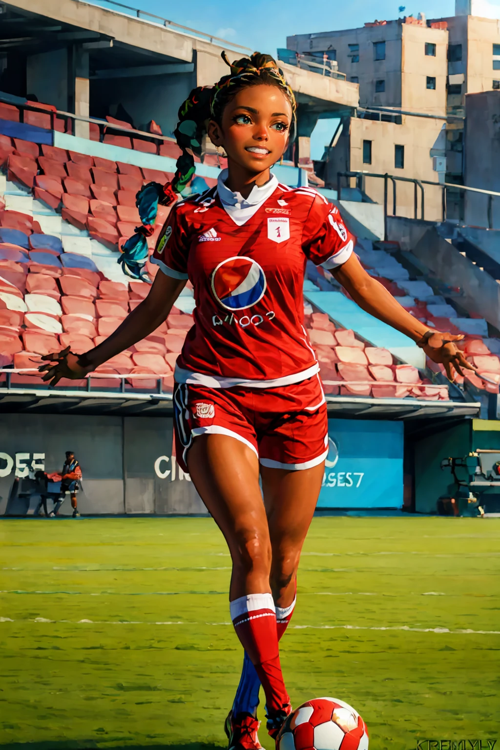 (extremely detailed CG unity 8k wallpaper), (best quality), (ultra-detailed), (best illustration), 1girl, detailed soccer stadium, outdoors, beautiful sunlight, soccer uniform, shorts, socks, soccer, green field, (smiling), (dreadlocks:1.1), <lora:Kimberly:0.7>, kimberlyms, large breasts, wide hips, hip vent, <lyco:americacali-10:0.8>, americacali,