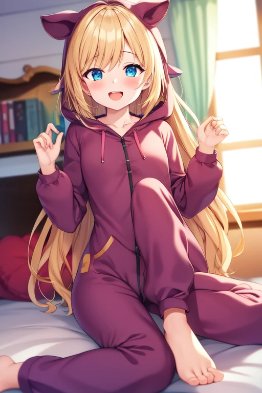 onesie, solo, 1girl, looking at viewer, long sleeves, blush, smile, open mouth, barefoot, long hair, blue eyes