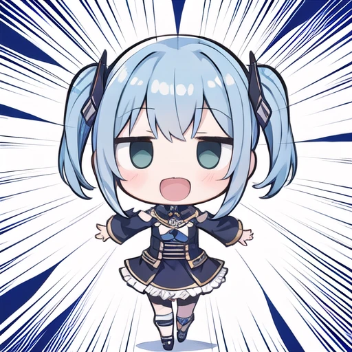 <lora:hotarueye_jitome9_v100:1>, 1girl, (chibi:1.4), smile, open mouth, dynamic angle, dynamic pose, , blue hair, <lora:concentratedlines_v100:1>