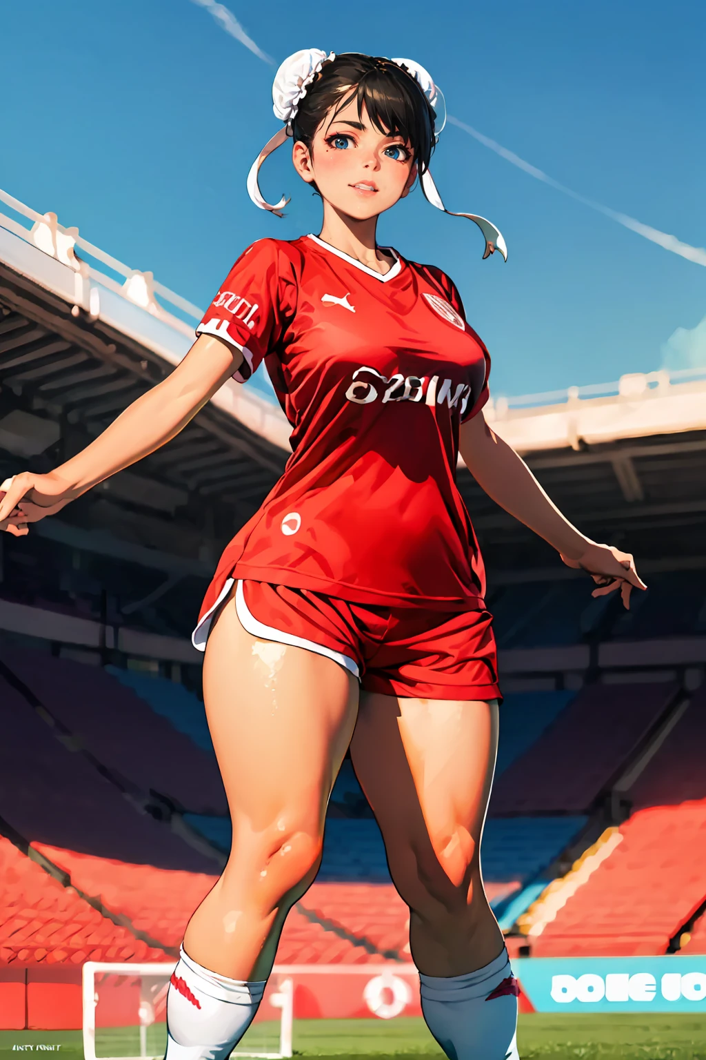 (extremely detailed CG unity 8k wallpaper), (best quality), (ultra-detailed), (best illustration), 1girl, detailed soccer stadium, outdoors, beautiful sunlight, soccer uniform, shorts, socks, soccer, green field, smiling, ((large breasts, thick thighs))<lora:ChunLi_v1:0.7>, ChunLi, <lyco:independiente-10:0.9>, independiente, (red shirt)