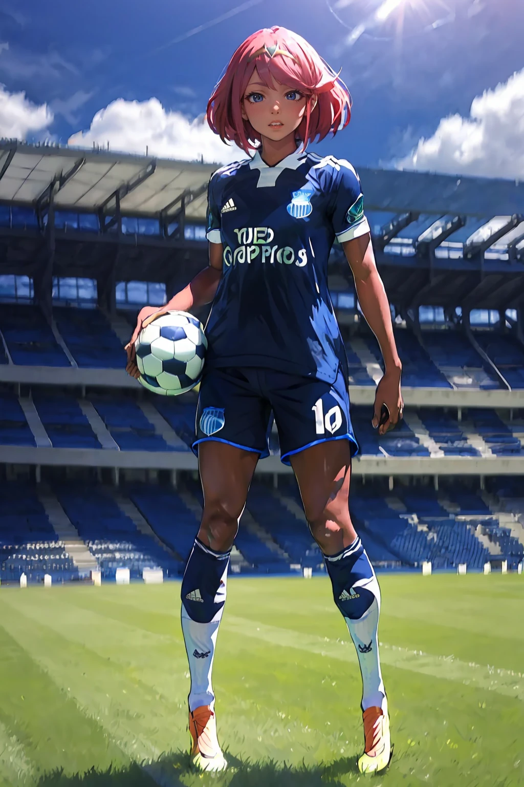 (extremely detailed CG unity 8k wallpaper), (best quality), (ultra-detailed), (best illustration), 1girl, detailed soccer stadium, outdoors, beautiful sunlight, soccer uniform, shorts, socks, soccer, green field, smiling, <lora:mythra_pyra_pneuma-000050:0.6>, pyra \(xenoblade\), <lyco:emelec-10:1>, emelec, blue uniform