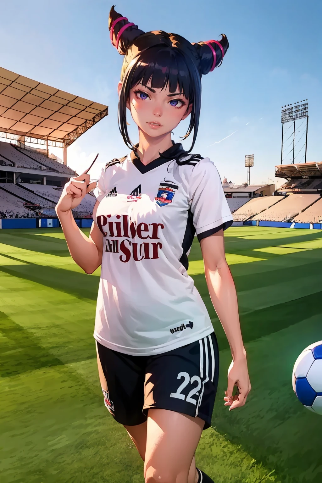 (extremely detailed CG unity 8k wallpaper), (best quality), (ultra-detailed), (best illustration), 1girl, detailed soccer stadium, outdoors, beautiful sunlight, soccer uniform, shorts, socks, soccer,  green field, smiling,  <lora:han_juri_v1:0.7> <lyco:colocolo-10:0.9>, colocolo, onejuri, purple eyes, pigtails