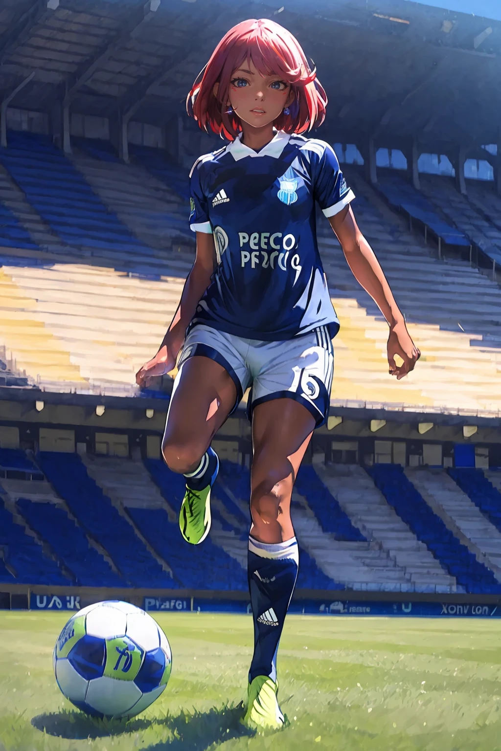 (extremely detailed CG unity 8k wallpaper), (best quality), (ultra-detailed), (best illustration), 1girl, detailed soccer stadium, outdoors, beautiful sunlight, soccer uniform, shorts, socks, soccer, green field, smiling, <lora:mythra_pyra_pneuma-000050:0.6>, pyra \(xenoblade\), <lyco:emelec-10:1>, emelec, blue uniform