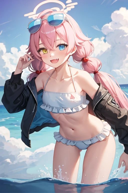 best quality, masterpiece, highres, solo, {hoshino_bluearchive:1.15}, ahoge, pink_hair, long_hair, halo, bangs, blue_eyes, very_long_hair, yellow_eyes, heterochromia, open_mouth, blush, hair_between_eyes, smile, fang, necktie, 1girl, bikini, blue_jacket, cloud, day, eyewear_on_head, frilled_bikini, frills, hair_bobbles, hair_ornament, jacket, looking_at_viewer, low_twintails, navel, open_clothes, outdoors, sky, sunglasses, swimsuit, twintails, white_bikini, blue_sky, long_sleeves, ocean, open_jacket, small_breasts, water, breasts, beach, collarbone, leaning_forward, off_shoulder, wading