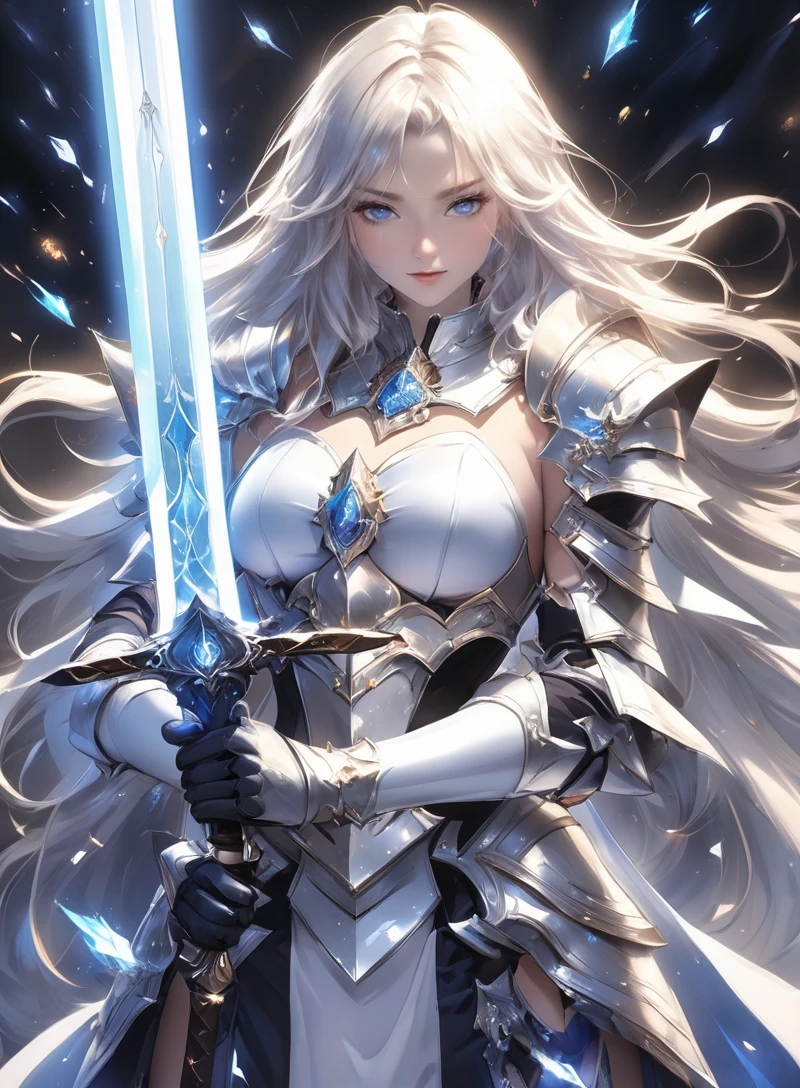 (masterpiece, best quality:1.5)
1girl, Arcana, armor, black gloves, blue eyes, breasts, gauntlets, glint, gloves, holding, holding sword, holding weapon, light particles, long hair, shoulder armor, solo, sword, upper body, weapon, white hair