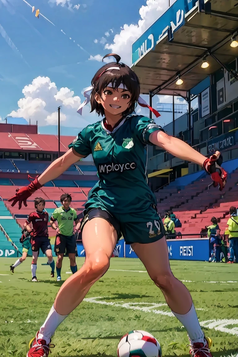 (extremely detailed CG unity 8k wallpaper), (best quality), (ultra-detailed), (best illustration), 1girl, detailed soccer stadium, outdoors, beautiful sunlight, soccer uniform, shorts, socks, soccer, green field, smiling, <lyco:deportivocali-10:0.7> <lora:kasugano sakuraV2:0.5>, kasugano sakura, brown eyes, brown hair, short hair, bangs, ahoge, headband, green shirt, ((red ribbon))