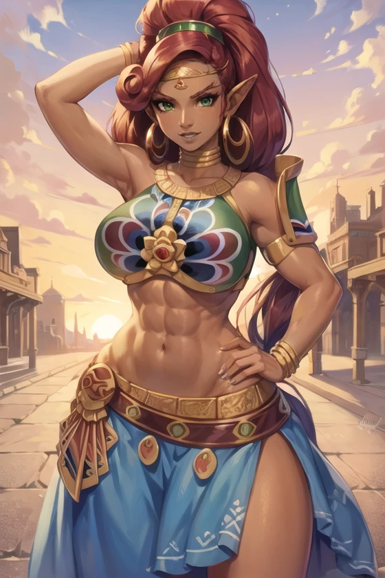 1girl, ((best quality)), ((masterpiece)), (detailed), female Barbarian stands imposing in an ancient lost city. chainmail bikini, Chiseled perfect body, insanely handsome and feminine face. Sunlight highlights her muscles and scars. The scenery is lush and mysterious, with ruins and vegetation. The camera details everything. large breasts, long luxurious red hair