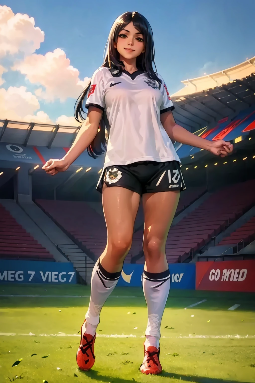 (extremely detailed CG unity 8k wallpaper), (best quality), (ultra-detailed), (best illustration), 1girl, detailed soccer stadium, outdoors, beautiful sunlight, soccer uniform, shorts, socks, soccer, green field, <lyco:corinthians-10:0.8>, corinthians, <lora:ireliav2-000034:0.6>, irelia, tall:1.2, long hair, thick thighs, large breasts, (white uniform), smiling