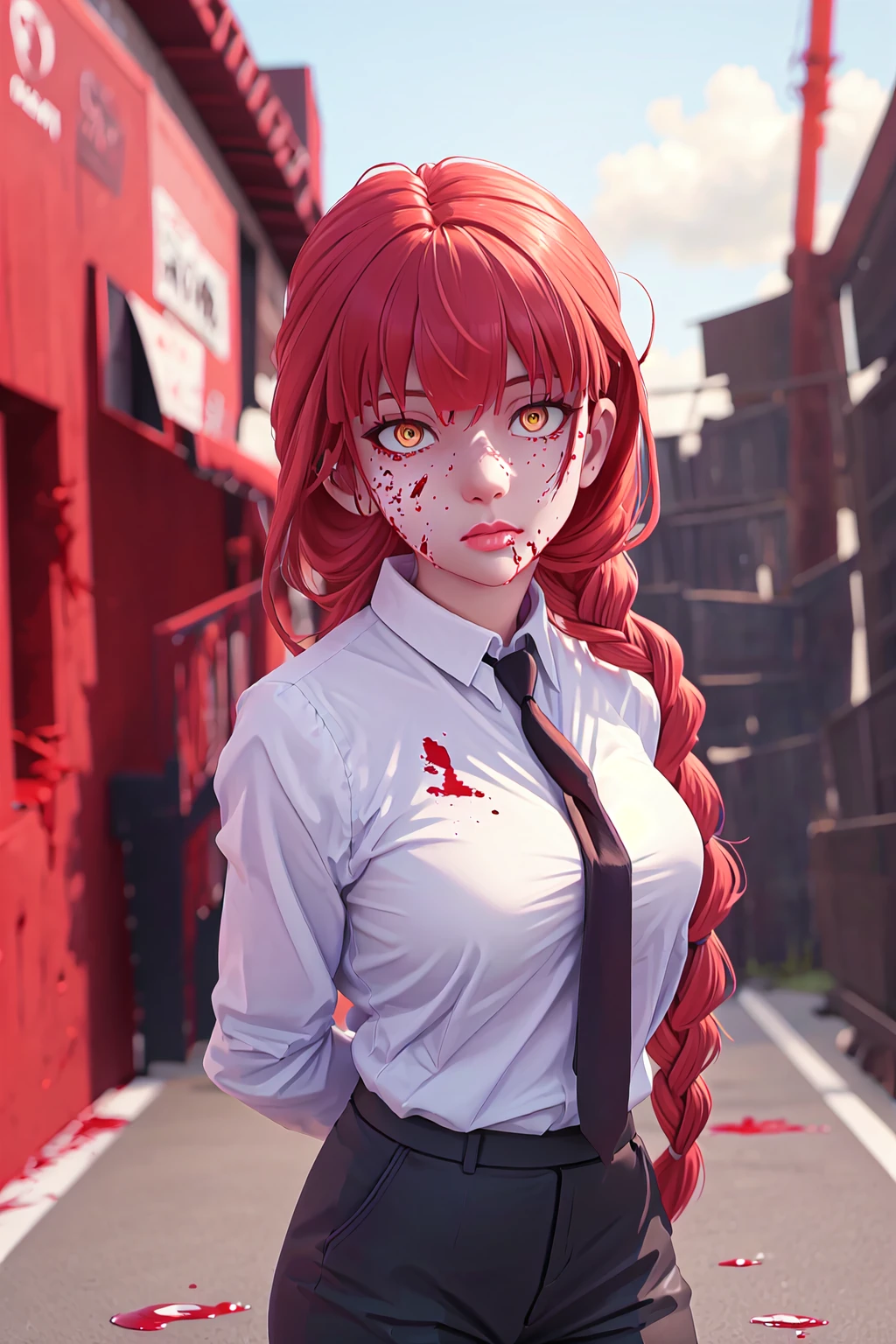 <lyco:Makima:1>, makimav1, black necktie, single braid, blood on face, cowboy shot, volumetric lighting, ringed eyes, looking at viewer, mature female, arms behind back