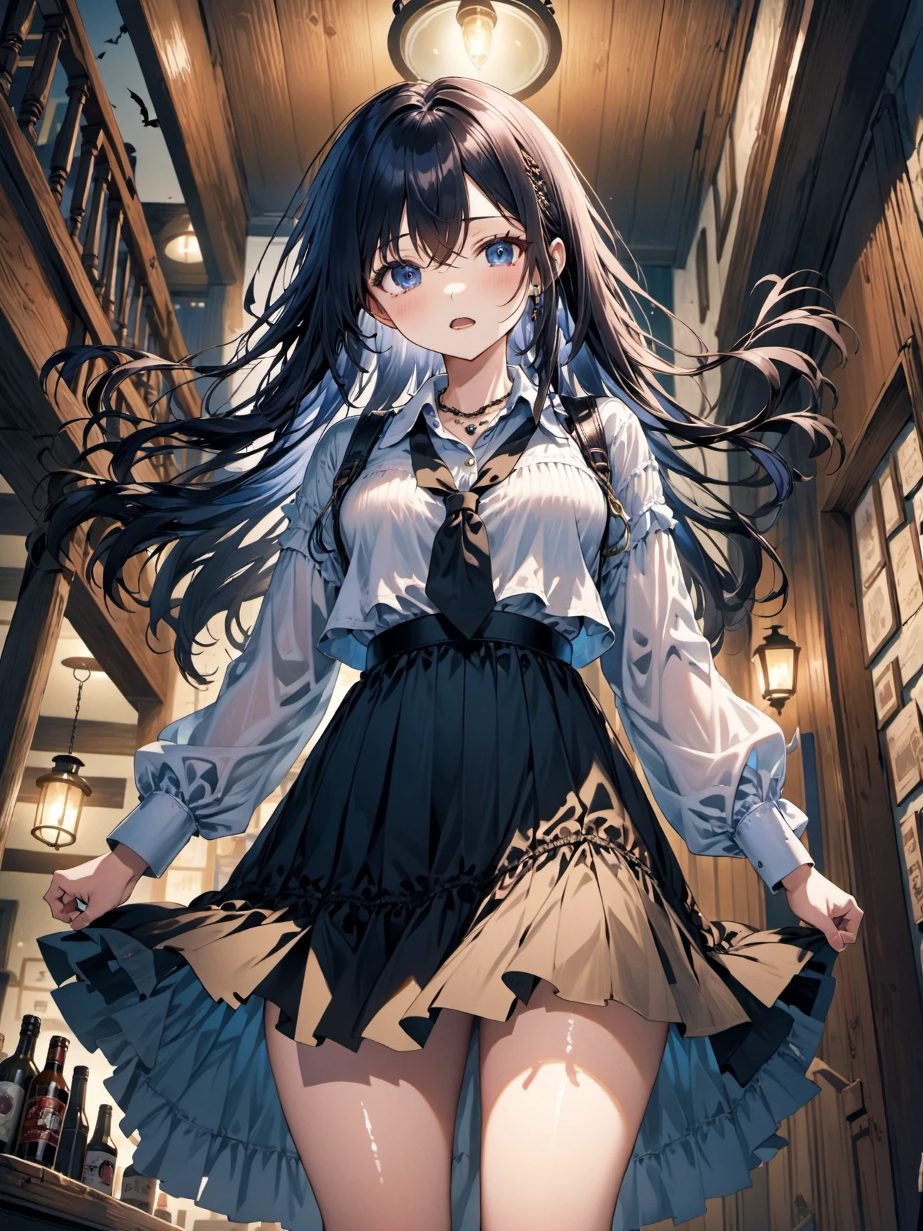 1girl, streaked hair, very long hair, messy hair, bangs, dress shirt skirt necklaces loafers, horror in tavern midnight, from below