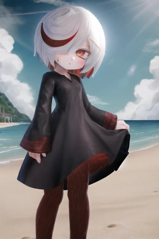 1girl, sageai, black dress, red legwear, beach <lora:sageai-mk2-final-nohc:1>