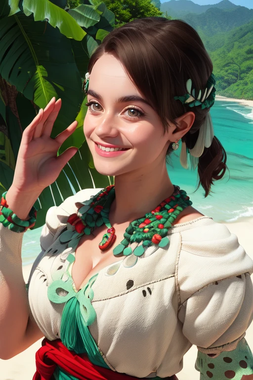 Alva, short brown hair,  brown eyes, hands up, 
green jewelry,  short puffy sleeves,   white and green dress, shorts,  headpiece, red sash, 
upper body,  solo,  smile,  close up,  cleavage, 
tropical forest, beach, village, 
(insanely detailed, beautiful detailed face,beautiful detailed eyes, masterpiece, best quality) <lora:Alva:0.8>