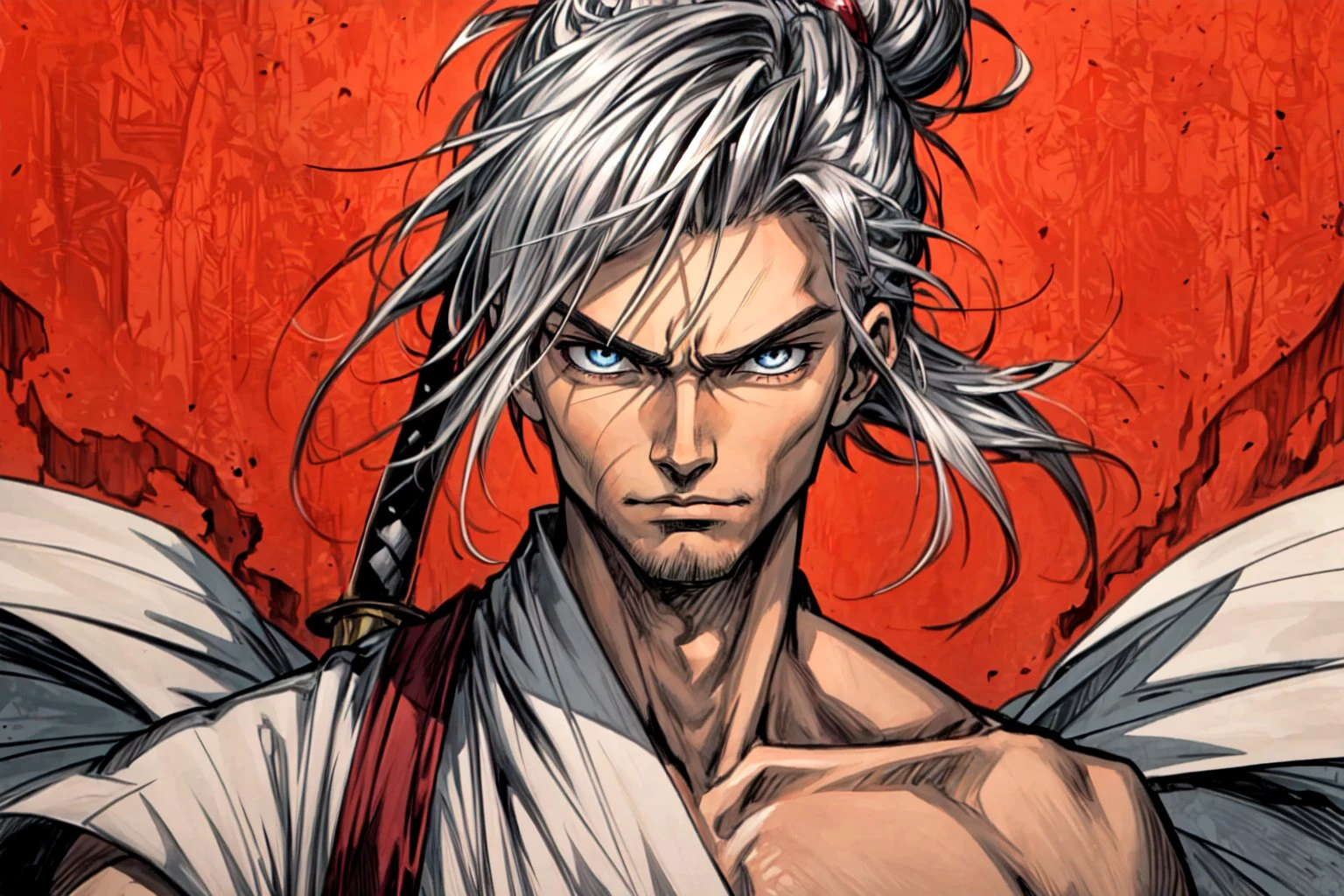 masterpiece, best quality, colorful, bold, anime, illustration, portrait, solo, upper body, looking at viewer, detailed background, detailed face, Legendary swordsman, lone warrior, meditative expression, minimalistic background, focused eyes, short silver hair, simple clothing, calm feeling, traditional topknot, unarmored, <lora:ManyBladesAIv2:0.15> <lora:Style_add_detail:1.3>